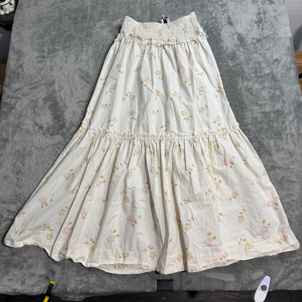 Ganni Floral Organic Cotton Smocked Tiered Maxi Skirt White Pink Rose Size 32